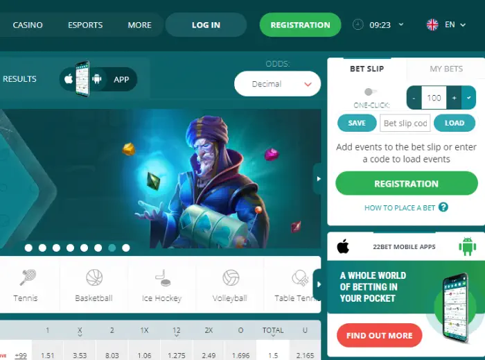 22Bet Click on registration