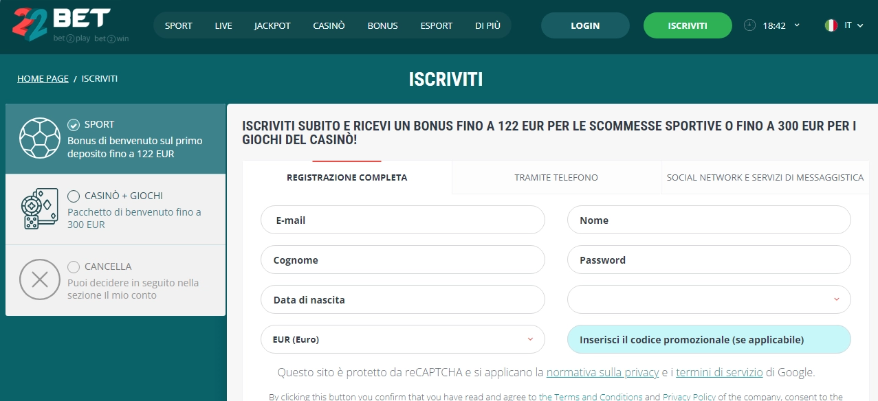 Clicca su registrazione 22Bet